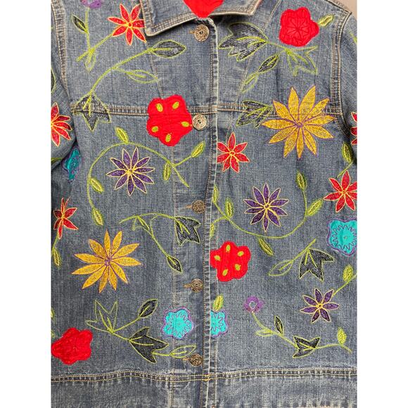 Chicos Design Y2K Vintage Floral Beaded Patchwork Embroidered Denim Jacket Small - Picture 3 of 5